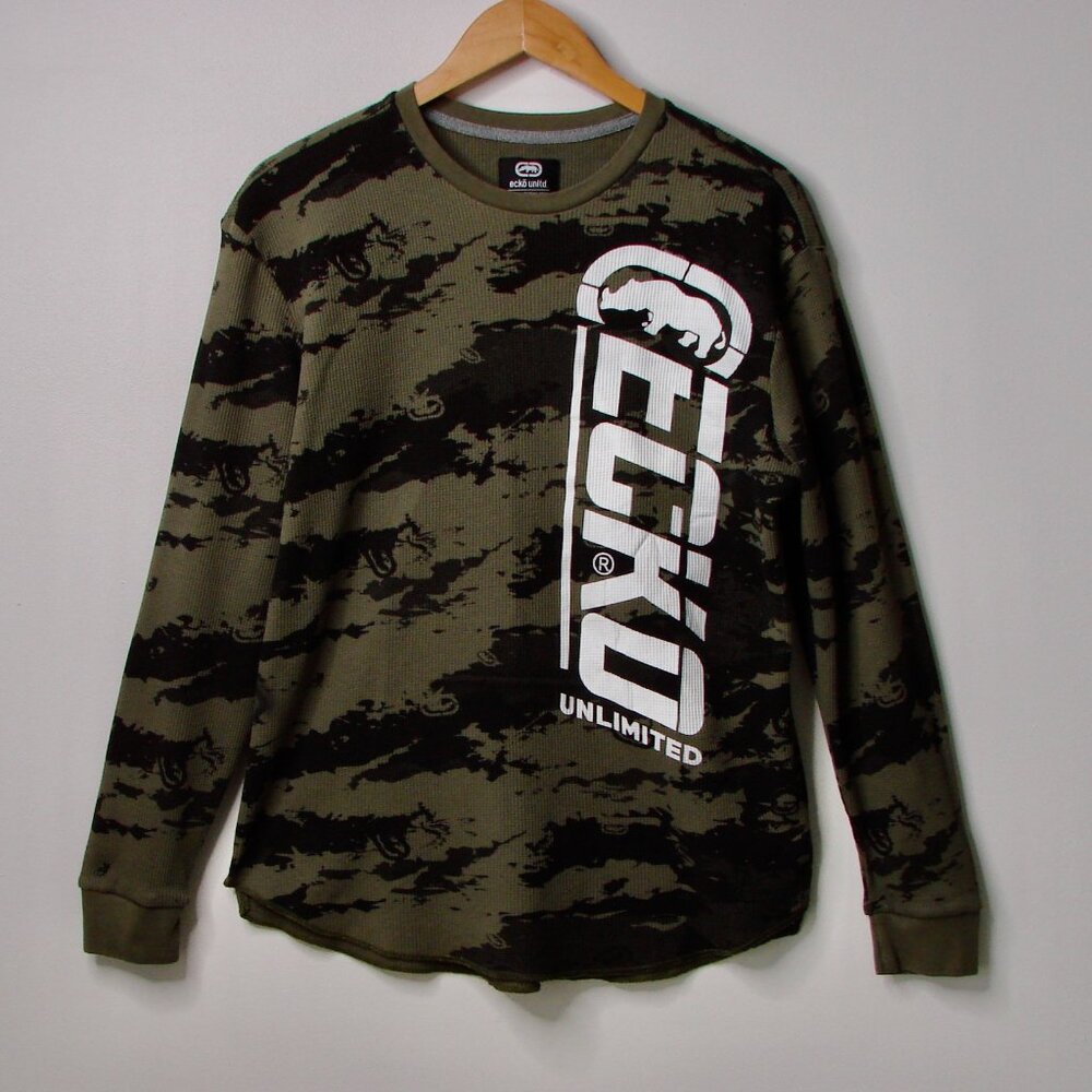 Ecko Unltd Camo Waffle Knit Crewneck Top Black Green Logo Vintage Y2K Large
